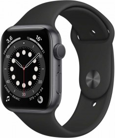 Apple Watch Series 6, 44 мм, корпус из алюминия цвета «серый космос», спортивный ремешок чёрного цвета